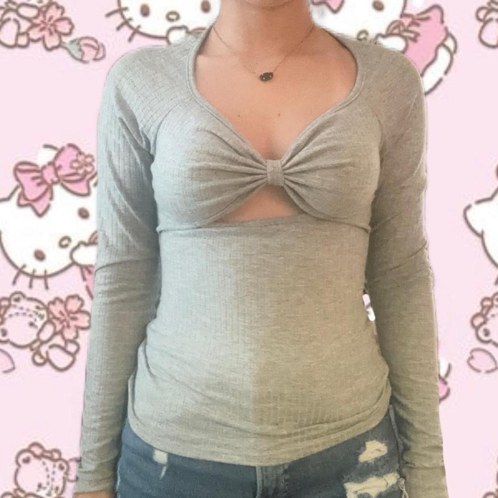 Grey Bow Ribbed Long Sleeve